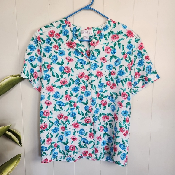 Vintage 1990s Blue Short Sleeve Bright Floral Blouse Top 80s Office Preppy 90s - Picture 1 of 8